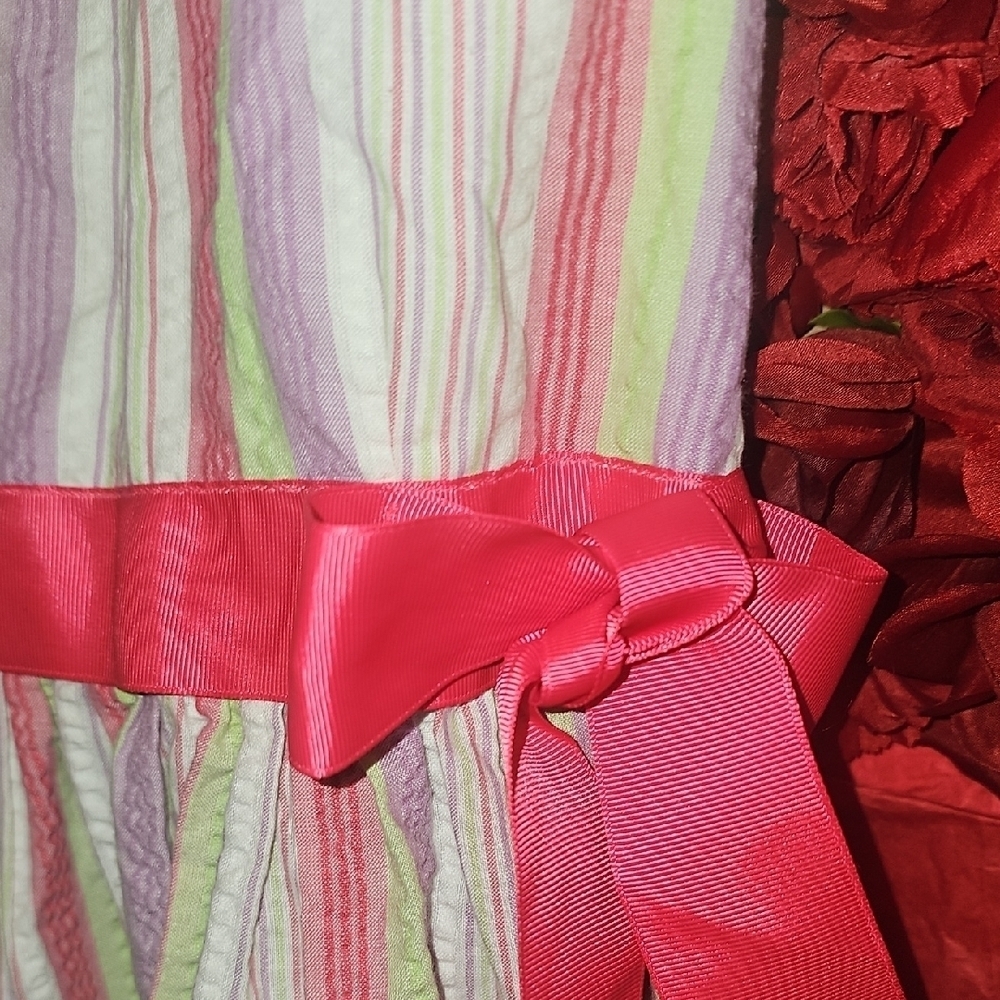 Bonnie Jean Multicolor Striped Dress with Hot Pink Ribbon Size 14 Like New - Picture 3 of 7